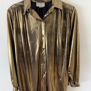 Gold Gold Lame Button-up Metallic Blouse